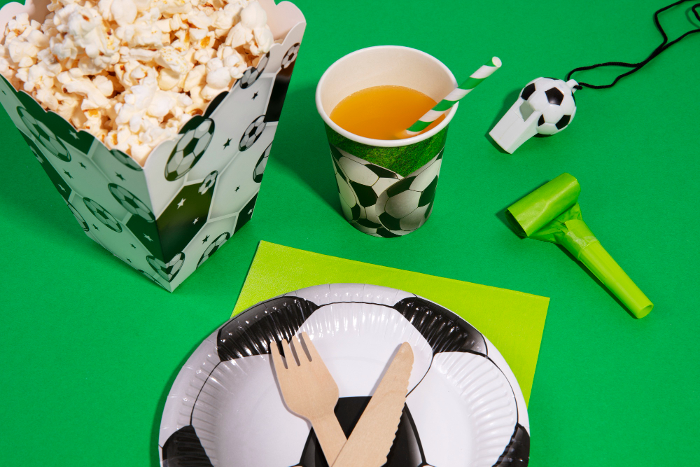 soccer birthday with popcorn and drink